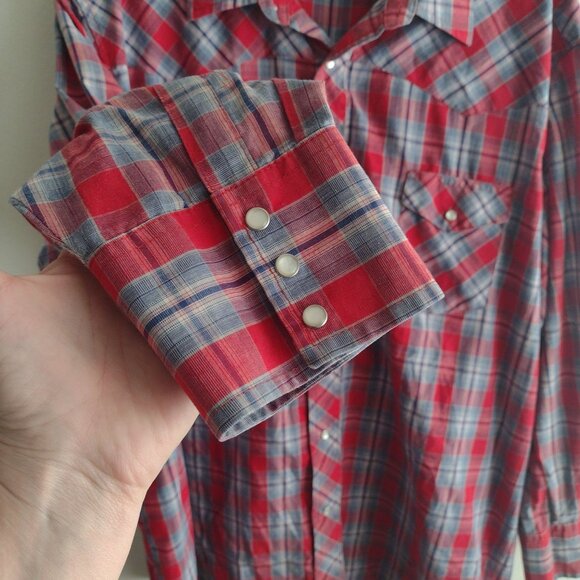 Wrangler Vintage Mens Western Shirt XXL Pearl Snap Red Blue Check Cowboy - Picture 4 of 9